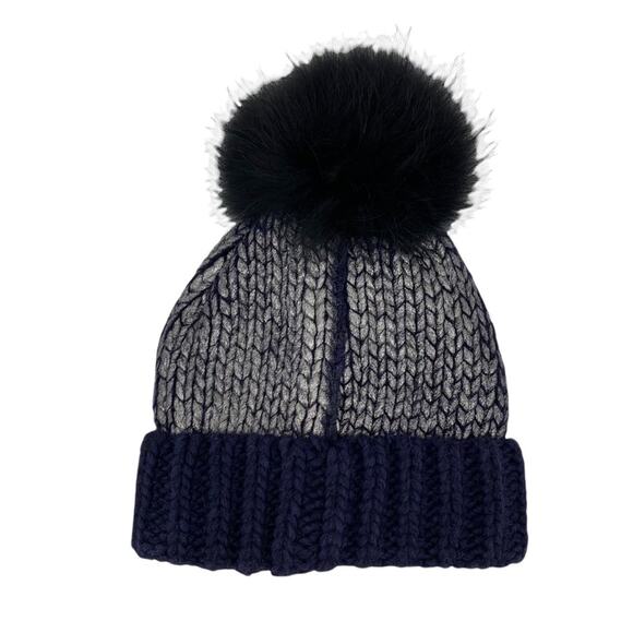 Navy Blue & Silver Wool Blend Beanie Hat Genuine Raccoon Fur Pom-Pom by AQUA - Picture 7 of 13
